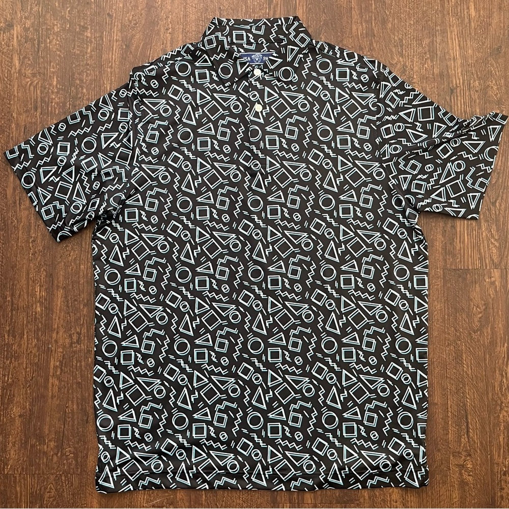 USA PALM Silky Soft Golf Polo Geometric Pattern Black Shirt  ( NWOT) Sz L